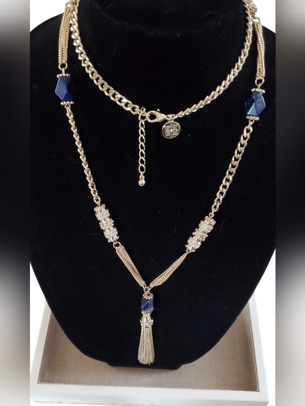 White House Black Market Navy Blue Gold Tone Lariat Tassel Necklace NWOT